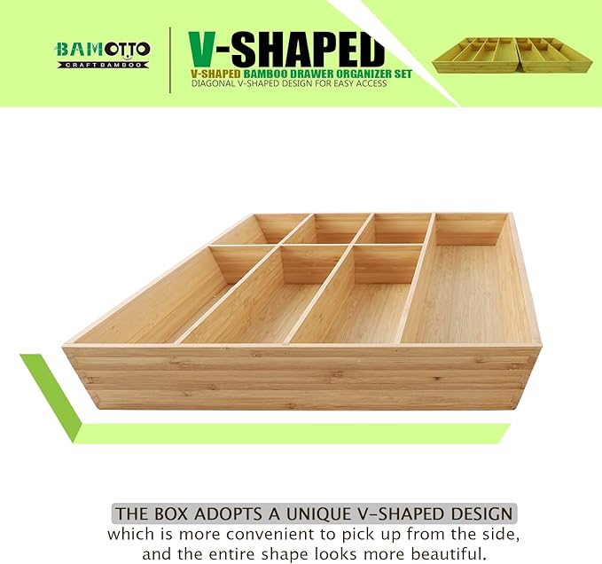 13 Slot V-Shaped Bamboo Drawer Organizer Set of 2, Extra Large Cutlery Tray - Easy Reach Flatware Silverware Utensil Storage for Kitchen (19.6"x14.6" & 19.6"x12.4")