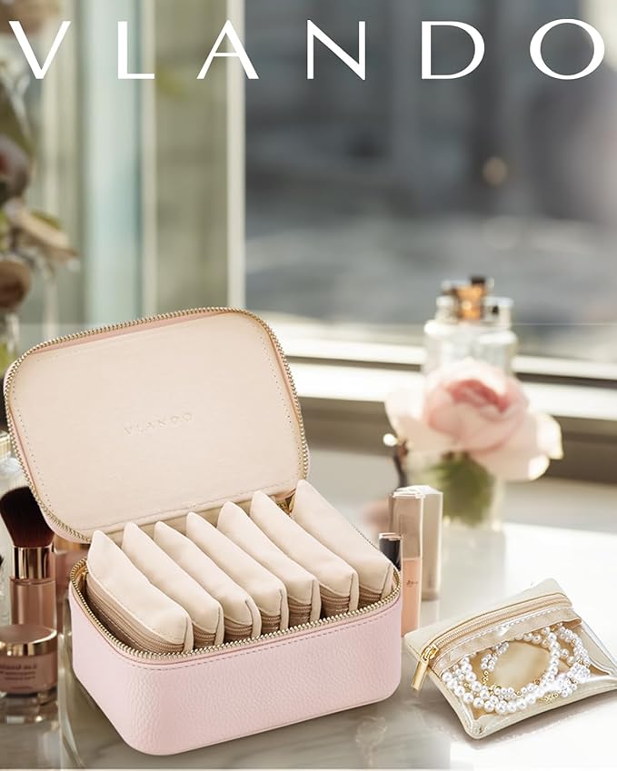 Vlando Jewelry Travel Case,Valentines Gifts for Her,Travel Jewelry Organizer with Clear Velvet Jewelry Bags 8Pcs Zipper Pouch for Women Girl Gift-Pink