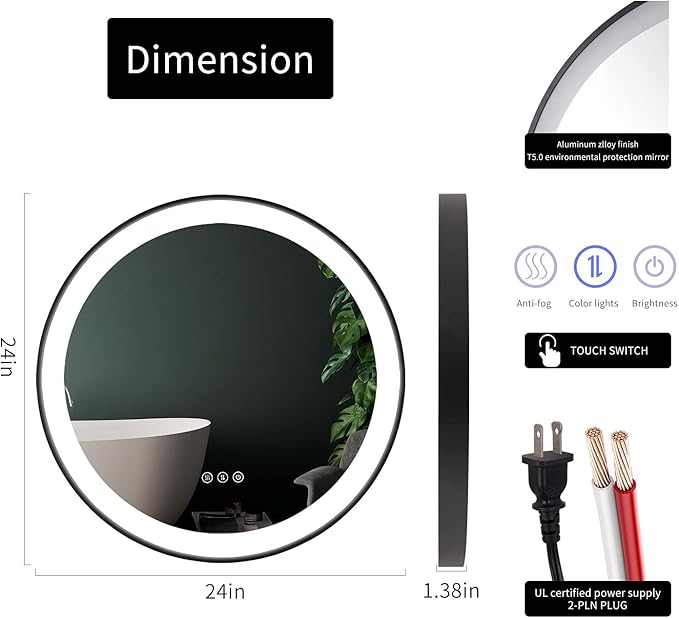 LED Bathroom Mirror with Lights 24'' Round Black Frame Vanity Mirror with Touch Lights Wall Mounted Mirror for 3Colors Dimmable Anti-Fog Memory Smart Light up Makeup Mirror Large Circle Wall Mirror