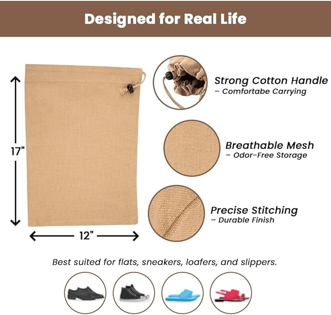 LFH Cotton Rich Shoe Storage Bags with Drawstring, Dustproof Breathable Reusable Organizer, Perfect For Travel, Dorm, Hotel, College, Gym, Easy to Carry, Machine Washable 12"x17" (Pack of 4) - Beige