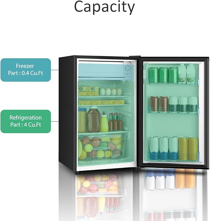 4.4 Cu.Ft Mini Fridge with Freezer, Single Door Mini Refrigerator, 5 Settings Temperature Adjustable, Compact Refrigerator for Apartment,Dorm, Office, Bedroom