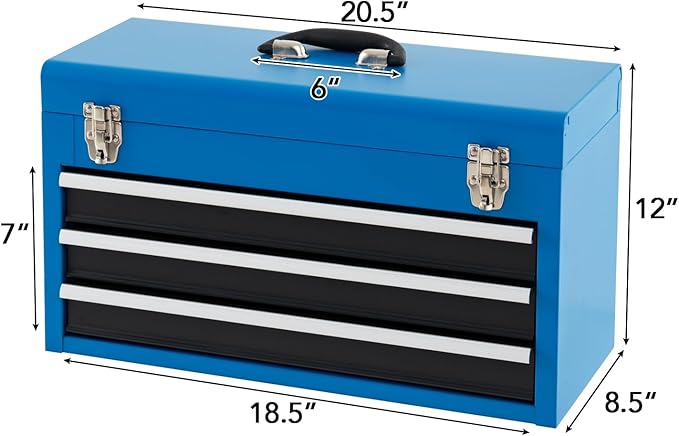 Metal Tool Box, 3-Drawer Tool Box with Carry Handle, 2 Latches & Liner, Portable Tool Chest Storage Box Organizer for Garage, Warehouse & Repair Shop (Blue)