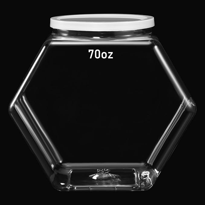 Uiifan 1 Piece Plastic Candy Jar with Lid Cookie Jar Clear Hexagonal Fish Bowls Containers for Snacks, Dog Food, Desk Pet, Craft and Sewing Supplies, Coffee Pod, Laundry Pod Storage Display(70 oz)