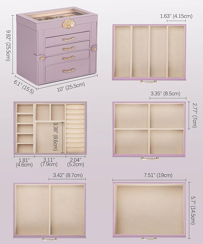 Jewelry Box with 4 Drawers: Display Organizer for Earrings Necklaces - Gifts for Girls Women (Grey Purple)