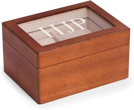 Bey-Berk Personalized Marquess 2-Slot Watch Box, Custom Glass-Top Solid Wood Watch Display Case with Velour-Lined Cushions, 6" x 4.5" x 3.25"