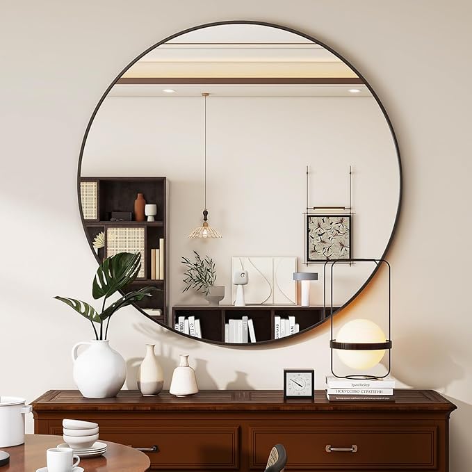 Black Round Mirror, 48 Inch Circle Bathroom Mirror with Metal Frame, Wall-Mounted for Entryway, Bathroom, Vanity, Living Room