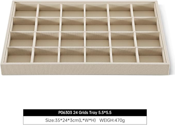 Linen 24 Grid Stackable Rings Earrings Display Tray, Brooch Ear Stud Cufflinks StorageTray, Jeweler Shop Counter Showcase Table Top Organizers, Makeup Table Drawer Insert Jewelry Tray