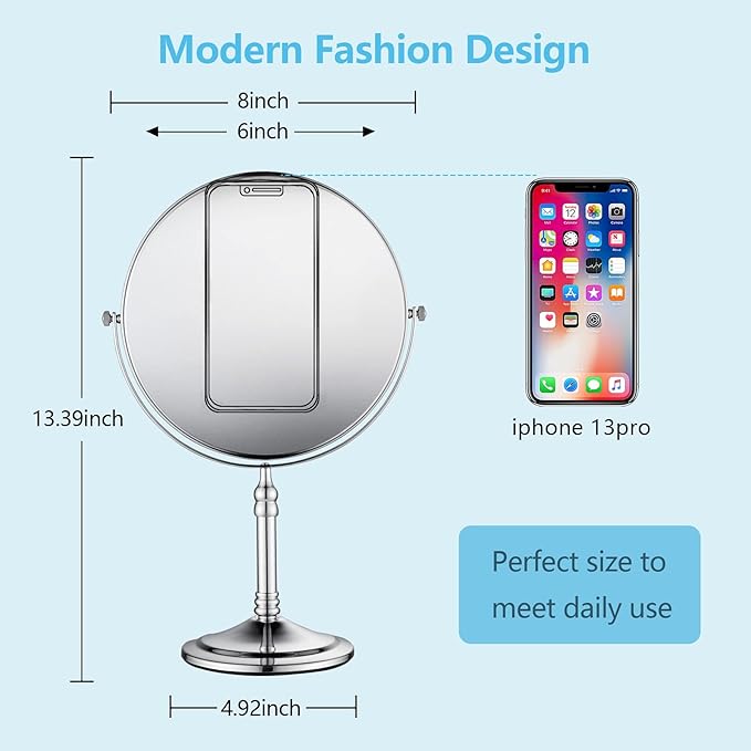 Silver Makeup Mirror 1X/10X Free Standing 8 Inches 360 Swivel Dual-Sided Tabletop Makeup Mirror, Metal