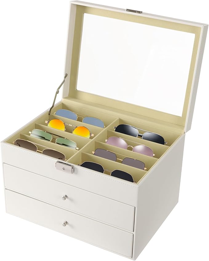 Sunglasses Organizer, Sunglasses Storage Organizer, Eyeglasses Storage Glass Top Lockable Case Organizer Eyeglasses Display Box for Women Men (Black)