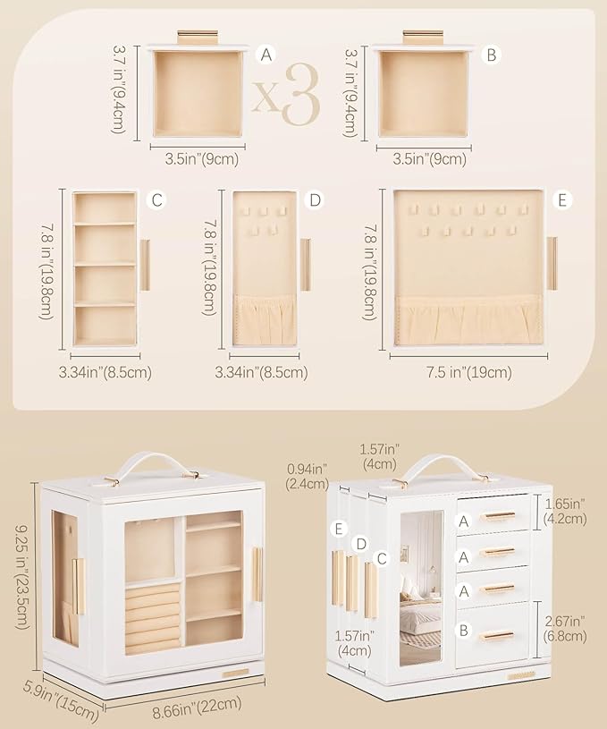 Homde Valentine's Day gifts Jewelry Box 360° Rotating, Necklace Earring Organizer with Transparent Window, Mirror, 7 Drawers, Large Ring Display Storage Case for Girls Women (White)