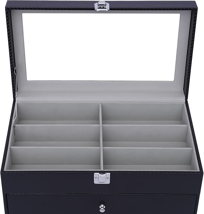 Sunglasses Organizer, Sunglasses Storage Organizer, Eyeglasses Storage Glass Top Lockable Case Organizer Eyeglasses Display Box for Women Men (Black)