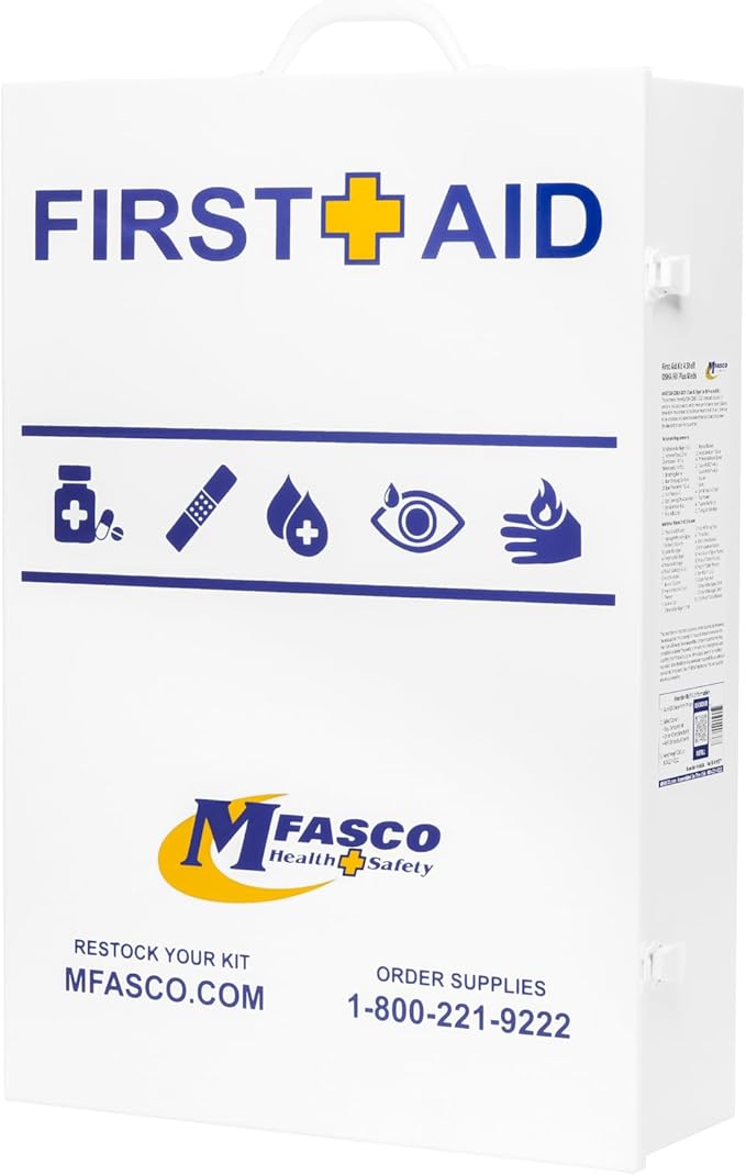 MFASCO Workplace Metal First Aid Kit - 4 Shelf Wall Mount Cabinet with Medications - Large Metal First Aid Box for Office with Supplies - Commercial Grade for Businesses - Emergency Preparedness
