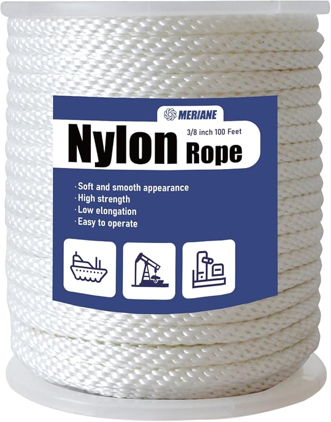 MERIANE 3/8" Nylon Rope 100 Ft – Multipurpose Heavy Duty Ropes – Abrasion & UV Resistant – Ideal Use for Camping, Clothesline, Marine Rope Flag Line - Shock Absorption Rope for Indoor Outdoor