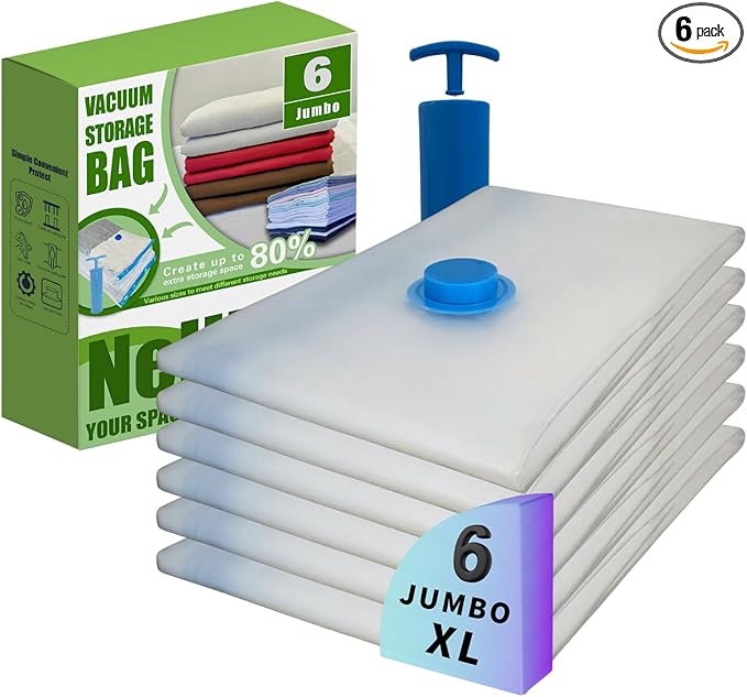 6 XL Jumbo Vacuum Storage Bags with Pump, Extra Large Compression Space Saver for Comforter, Duvet, Blanket, Bedding Storage, Vacuum Seal Bags for Clothing, Luggage Closet Organizer