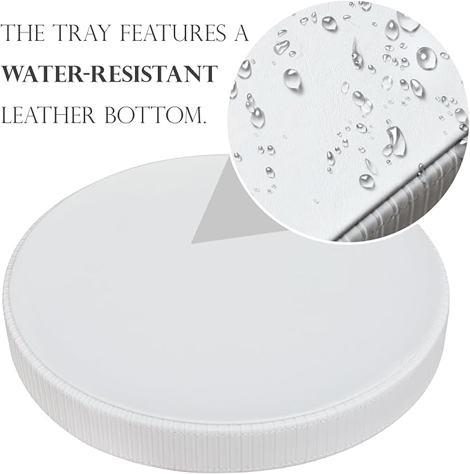 HofferRuffer Round Decorative Tray, Faux Leather Vanity Tray Decor, Decorative Catchall for Perfume, Bathroom Valet, Nightstand or Dresser (White Stripe, Round-12" x 12" x 1.6")