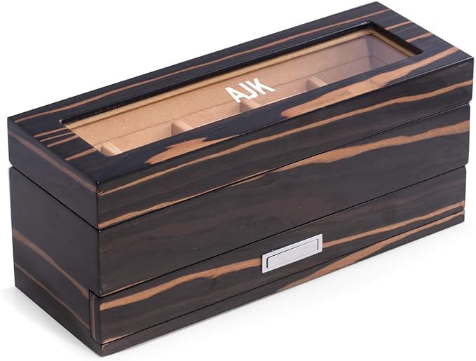 Bey-Berk Personalized Ebony Wood 5-Slot Watch Box, Lacquered Glass-Top Watch Display Case with Velour-Lined Cushions and 5-Compartment Accessory Drawer, 12" x 4.25" x 5.15"