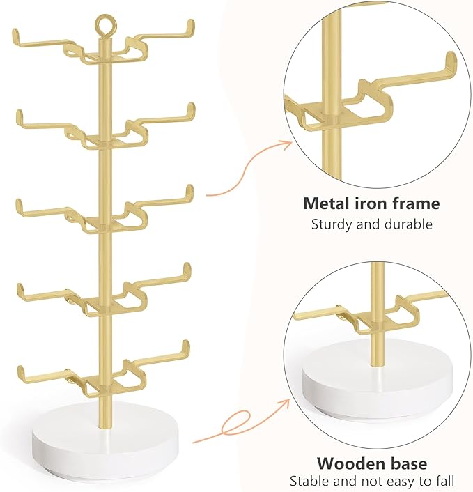 Mkono 360° Rotating Sunglasses Organizer Metal Eyeglass Holder Stand Sunglass Storage Display Eyeglasses Rack for up to 10 Pairs of Eyewear Glasses for Table Dresser Desk Countertop Bedroom, Gold