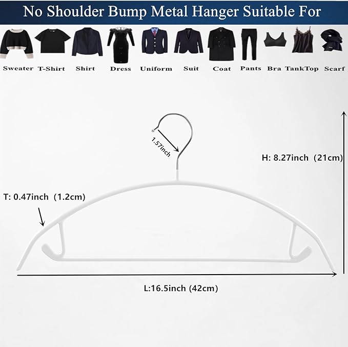 16.5 Inch Pack of 20 White No Shoulder Bumps Non-Slip Rubber Coating Contour Metal Hangers, Sweater Hanger, Suit Hanger with Pants Bar