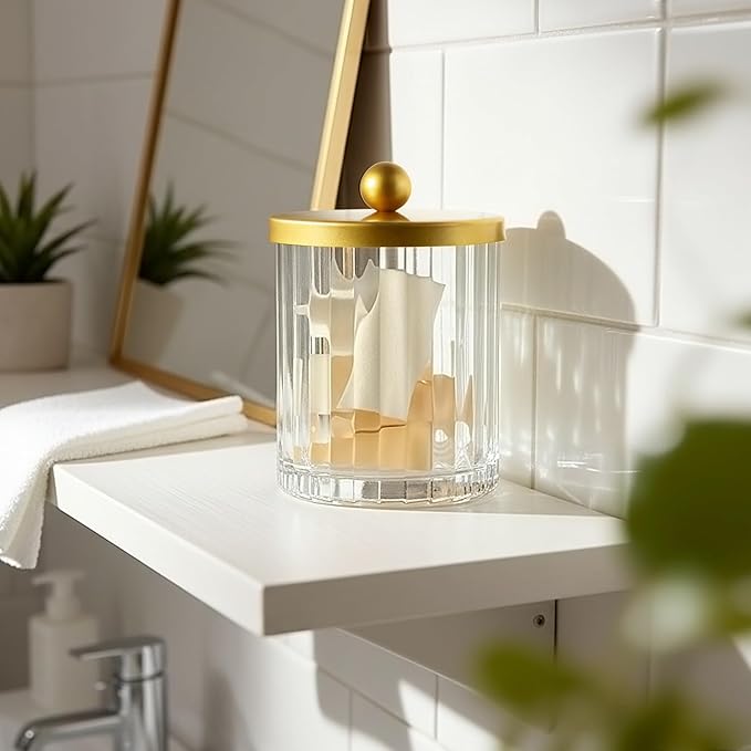 Amolliar Qtip Holder Dispenser for Bathroom, Clear Glass Canister Apothecary Jar for Cotton Swabs, Cotton Balls, Makeup Pads, Floss Picks, Container for Countertop Vanity Storage Organizer,Gold 2 Pack