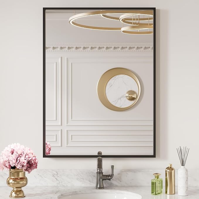 LOAAO 24"X32" Black Rectangle Bathroom Mirror Wall, Matte Black Aluminum Alloy Frame, Tempered Glass, Hangs Vertically or Horizontally, Easy to Install