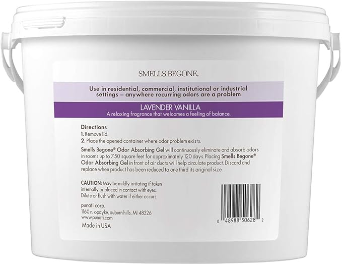 SMELLS BEGONE 1-Gallon Gel Odor Eliminator – High-Capacity, Long-Lasting Absorber for Large Basements, Garages, Workshops & Commercial Areas – Remove Tough Odors with Essential Oils (Lavender Vanilla)
