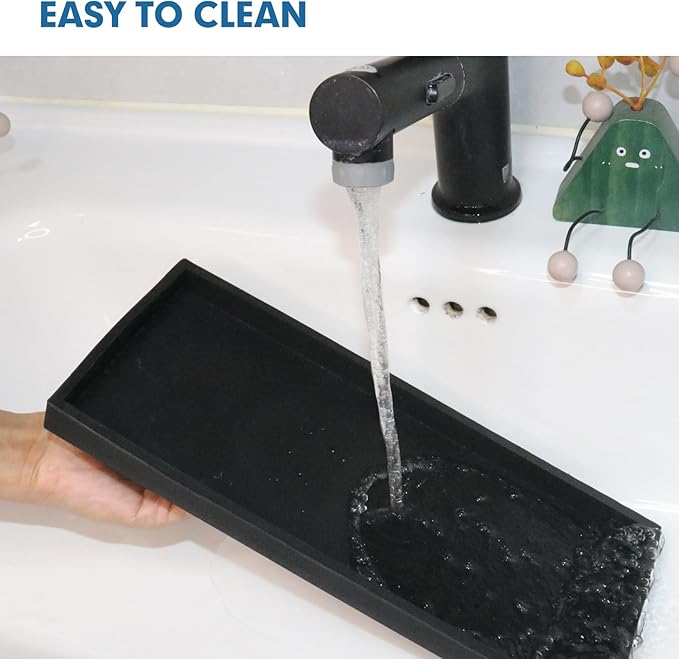 Bloss Small Bathroom Vanity Tray with Soap Dish, 8 x 4 inch Silicone Kitchen Soap Tray,Bathroom Counter Trays Organizer for Candle Perfume Jewelry Key, Black