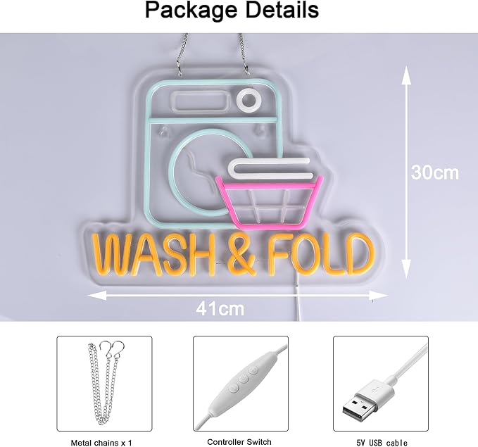 Wash & Fold Neon Sign for Laundry Room Wall Decor LED Light up Sign Business Signage for Home Laundromat Wash Room Decor Gift 16.1" x 11.8" Led Art Wall Hanging Decorative Lights