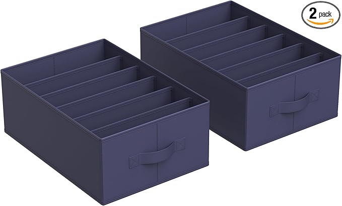SONGMICS Set of 2 Large Size Wardrobe Clothes Organizers, 6-Compartment Foldable Drawer Organizers with Handles, 16.5 x 11.8 x 6.7 Inches, for Pants, Sweaters, Jeans, Charcoal Blue URUS009I02