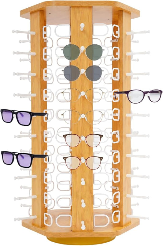 60 Pairs Glasses Rack, 360° Rotating Sunglasses Display Rack, 6-Sided Eyeglasses Storage Organizer, Eyewear Holder, Commercial Sunglasses Display Stand, Log Color