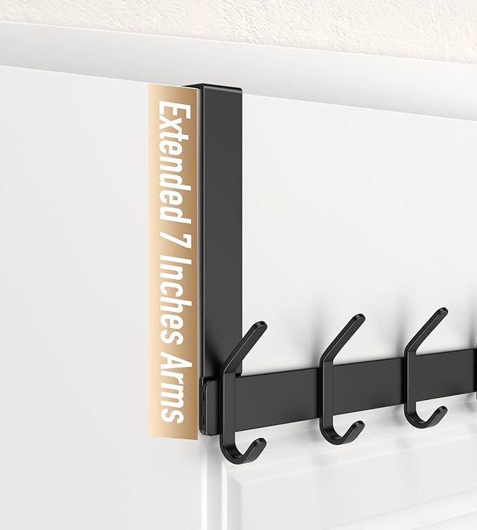 KitchLife Over The Door Hooks Hanger with 7 inches Extended Arms, Fit for 1 3/8" Doors, J18U, Bathroom Towel Rack Organization, Thickened 1 Pack Double Hook, Matte Black