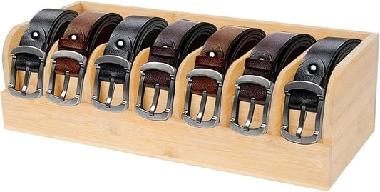GTI Belt Organizer, 7 Compartments Belt Organizer for Closet and Drawer, Bamboo Display Case for Tie and Belt, Belt Storage Organizer for Men Women (Wooden)