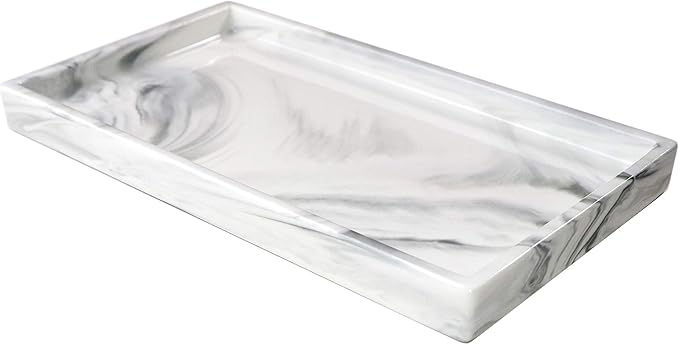 Marble Tray for Bathroom Counter Decor Ceramic Perfume Organizer Vanity Tray for Dresser Jewelry Dish Key Plate Rectangle Marble Sink Trays Countertop Organizer White,Large