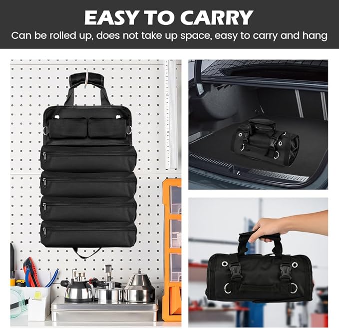 Roll-Up Tool Bag Heavy-Duty Waterproof - 4 Compartments & 2 Detachable Pouches | Compact Tool Organizer for Mechanics, RV & Motorcycle Storage, Handyman & Electricians (Black, Large)