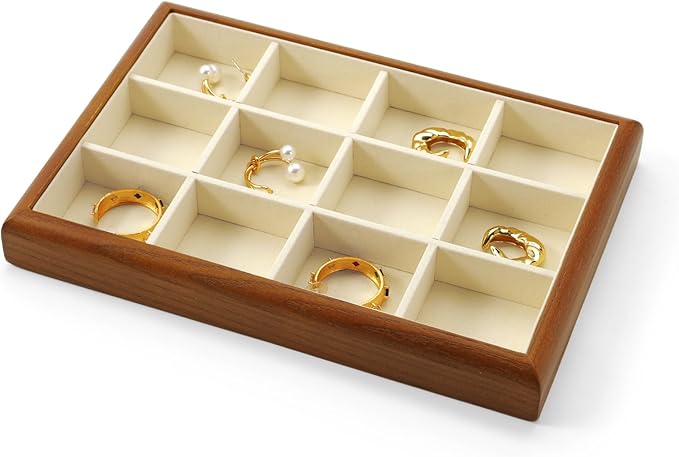 Solid Wood 12 Grids Jewelry Tray Stackable Jewelry Drawer Organizer Showcase Display Organizer Tray for Rings Earrings(Beige)