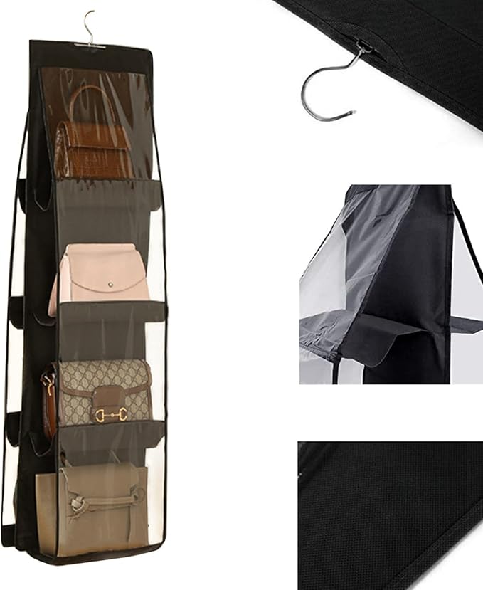 HAN SHENG 8 Pockets Clear Handbag & Purse Organizer Hanging Bag Storage - Space Saving Hanging Shelf for Closet, Wardrobe, Over Door (1 Pack, Black)