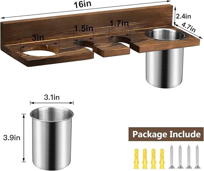 Hair Tool Organizer Wall Mounted - Wooden Dryer Holder, Blow Dryer Holder for Bathroom, Rustic Styling Tools Organizer for Flat Iron, Curling Wand, Hair Straighteners, Brushes, Brown