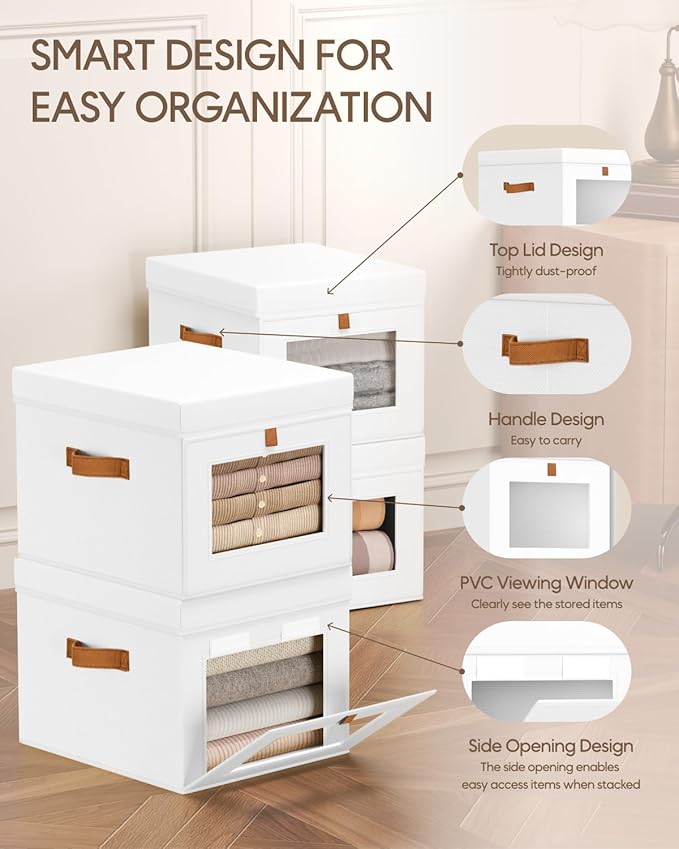 Storage Bins with Lid – Closet Organizer with Side Opening and Clear Window, Foldable Stackable Fabric Basket for Clothes, Home, Office - 13.77" x 11.8" x 9.8", 5 Pack, White