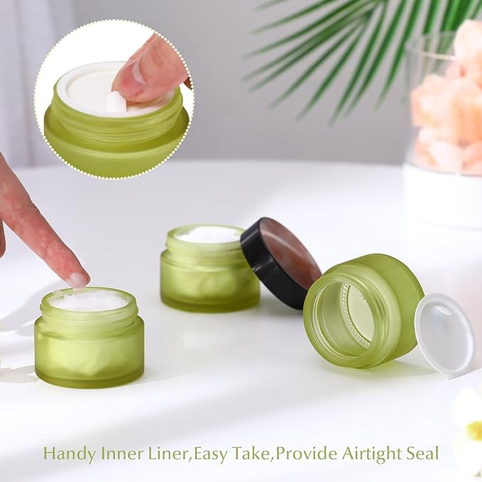 Domensi 100 Pcs 1 oz Glass Jars with Lids Bulk Round Glass Cosmetic Jars for DIY Lip Balm Small Travel Containers with Inner Liner for Lotions Powders Ointments Sample Cream(Bean Green,Black)