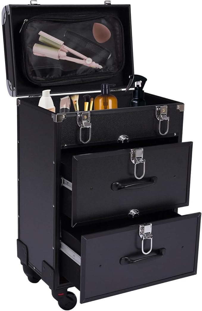 Professional Rolling Makeup Train Case with Drawers, Large Cosmetic Trolley with Locks,Cosmetic Trolley Organizer Case for Travel Makeup/Nail Art/Hair Styling (Black)