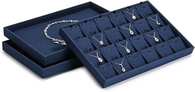 24 Grids Microfibrt Necklace Tray Jewelry Display Tray Necklace Holder Display Trays for Drawers With Removable Jewelery Cards Necklace Pendant Bracelet Storage Tray (Beige)