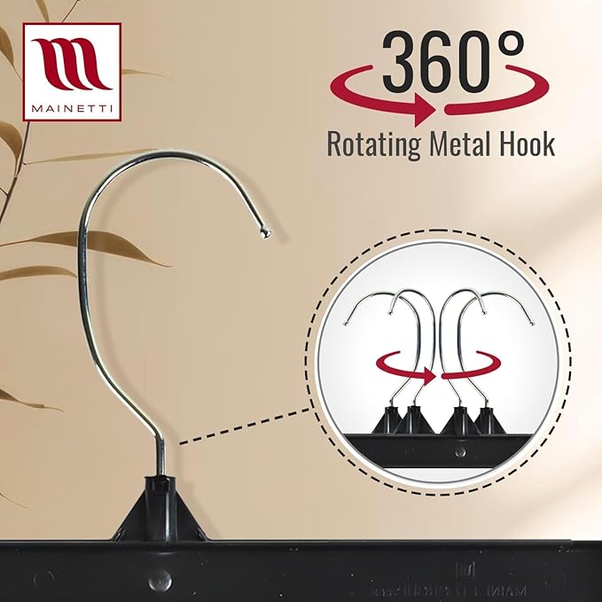 Mainetti 6012 Recycled Black Plastic Hangers - 20 Pack with Rotating Metal Hook and Sturdy Plastic, Great for Pants/Skirts/Slacks/Bottoms, 12-Inch