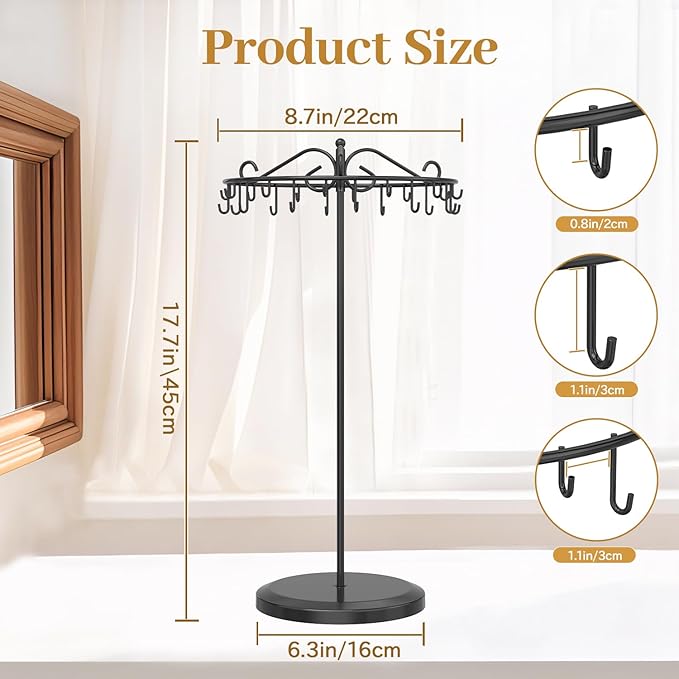 MODOWEY Necklace Holder Organizer Rotating Display, 24 Hooks Stand Adjustable Tree for Long Chain Storage, Tabletop Metal Hanger Rack for Men Women, No More Tangled Pendant Jewelry, Black