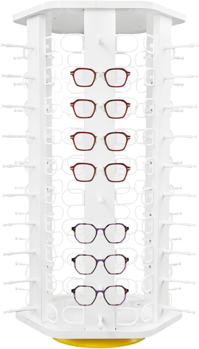 60 Pairs Glasses Rack, 360° Rotating Sunglasses Display Rack, 6-Sided Eyeglasses Storage Organizer, Eyewear Holder, Commercial Sunglasses Display Stand, White