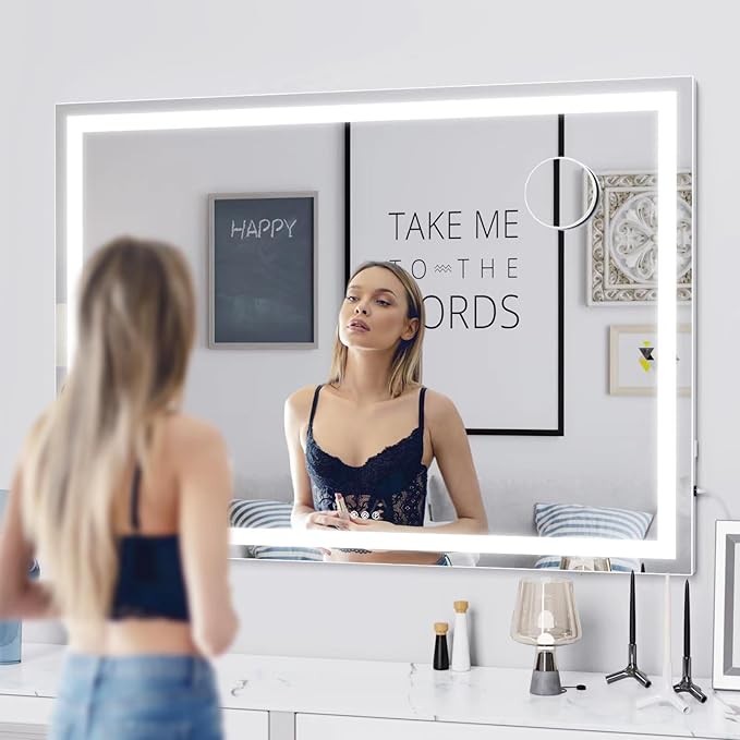 Makeup Vanity Mirror with Lights 32" x 24" Large LED Makeup Mirror, Light up Mirror with 10X Magnification and USB Charging Port, Dimmable 3 Modes, Touch Screen Control Square Corner