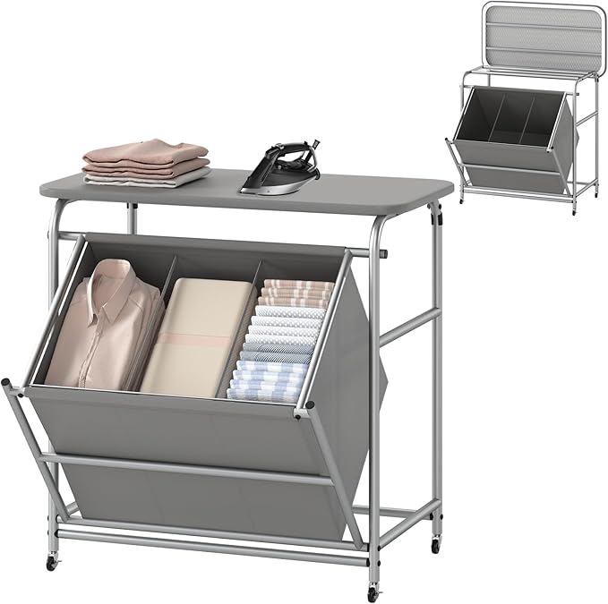 Giantex Laundry Sorter with Foldable Ironing Board, 3 Section Tilt Out Laundry Hamper with Removable Bags, Heavy-Duty Rolling Laundry Cart with Lockable Wheels for Bathroom Bedroom, Grey