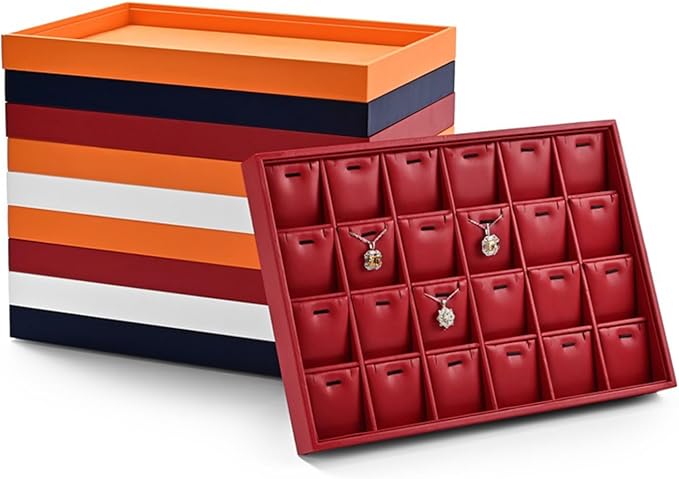 Leather 24 Grids Earring Organizer Tray Jewelry Tray Ring Earrings Holder Jewelry Drawer Organizer Storage Display(Orange)