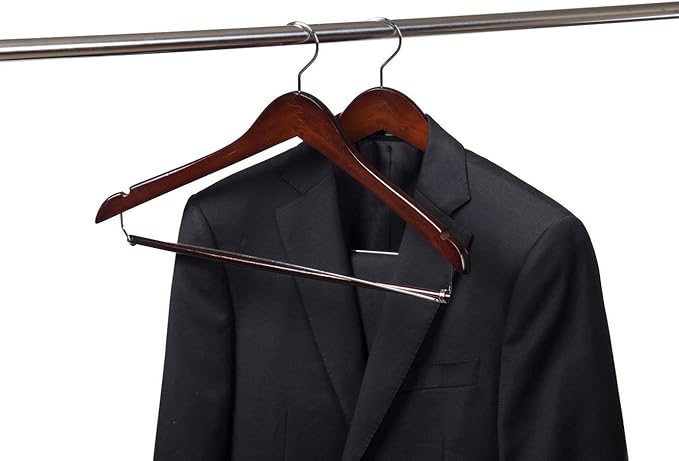 10 Quality Hangers Wooden Curved Hangers Beautiful Sturdy Suit Coat Hangers with Locking Bar Chrome Hooks (10)
