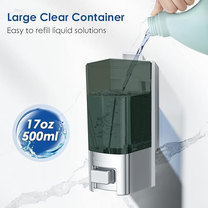 Wall Mount Manual Soap Dispenser, 17oz/500ml Large Capacity Kitchen Bathroom Hand Soap Dispenser, Commercial Refillable Shampoo Shower Gel Lotion Dispenser, Chrome&Brown