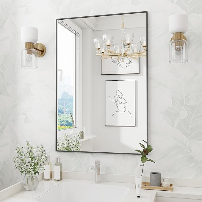 Koonmi Black Rectangle Wall Mirror, 24x32 Inch Bathroom Mirror, Aluminum Frame Vanity Mirror for Entryway, Living Room, Bedroom Bathroom, Hangs Horizontally or Vertically