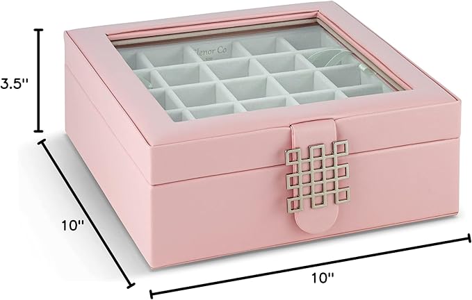 Glenor Co Earring Organizer - Classic 50 Section Jewelry Box/Case/Holder for Earrings, Rings, Necklaces, Jewelry, Cufflinks or Collections -2 Layer Small Compartments with Large Glass Top - Soft Pink